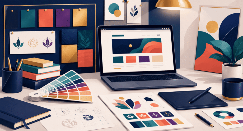 Professional brand color strategy workspace with palettes and branding tools