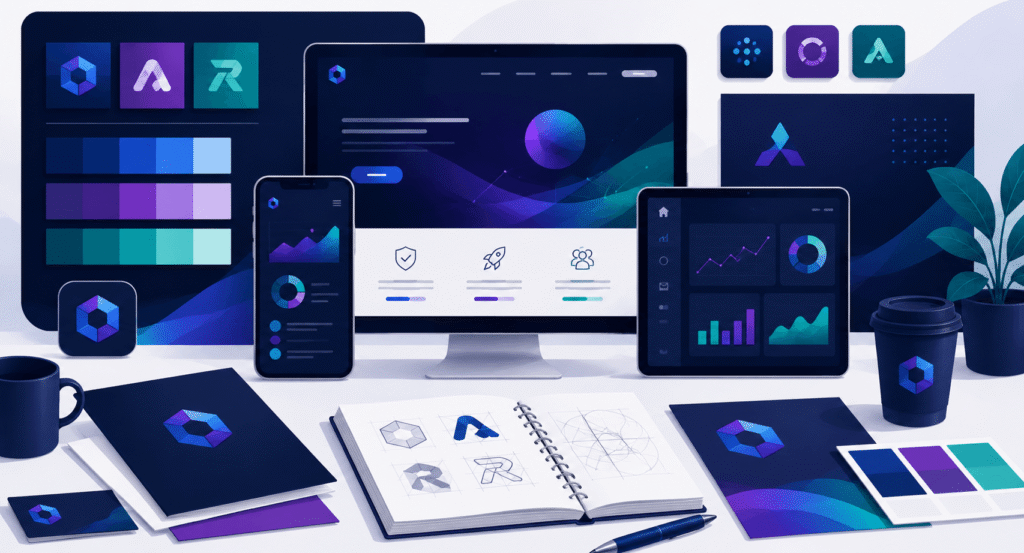 Technology brand color palette examples with blue, purple, and teal branding